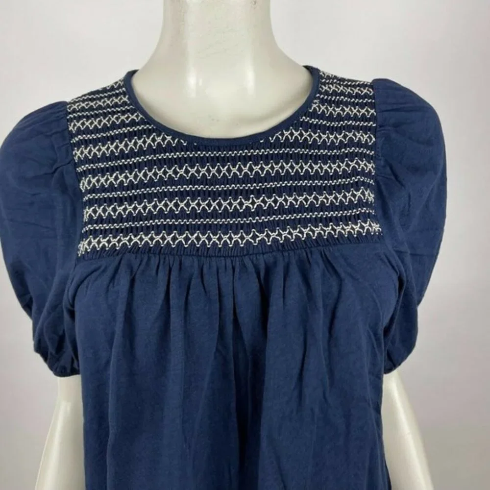 J Crew Puff-sleeve T-shirt Smocked Yoke Short Sleeve Round Neck Navy Women S NWT